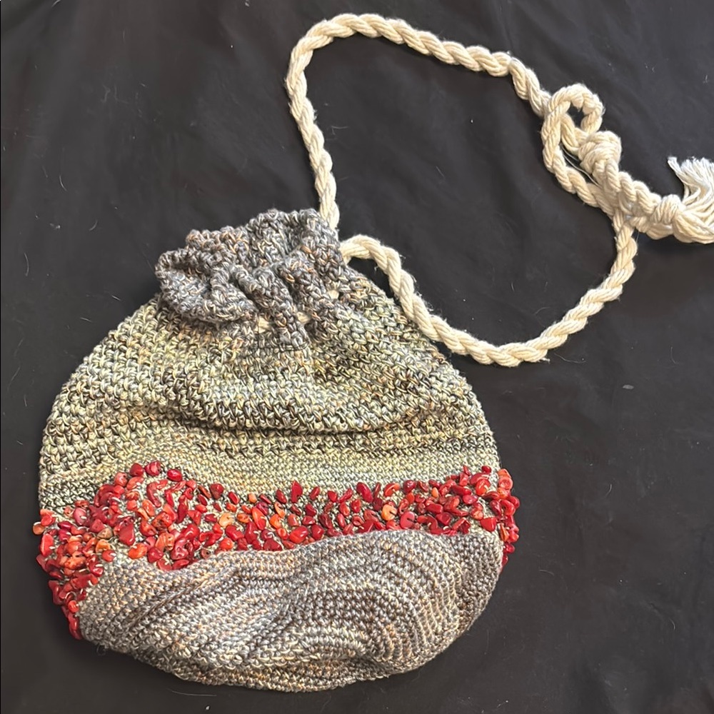 Handcrafted boho Gray and Red stone Knit hobo Bag